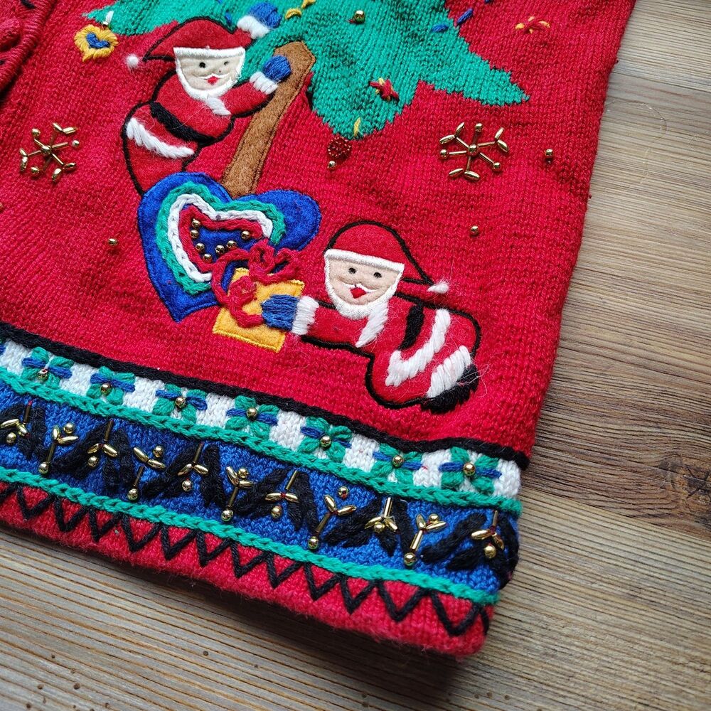 Vintage Christmas Cardigan Sweater Size M Santa Claus Tree Embellished Retro - Picture 5 of 12